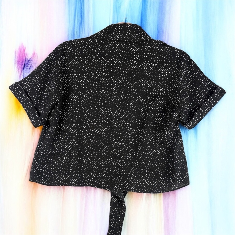 Urban Outfitters Sheer Black Polka Dot Tie-Front Top Rolled Sleeves Crop Top S - Picture 2 of 12